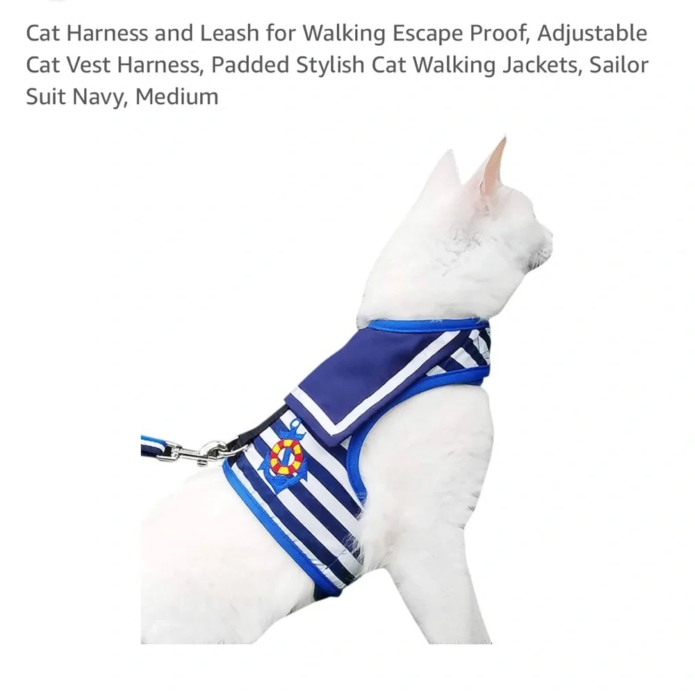 Cat Harness and Leash for Walking, Adjustable,Padded Sailor Suit Navy, Medium